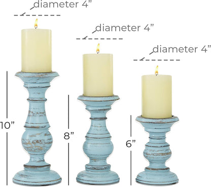 Deco 79 Mango Wood Decorative Candle Holder Distressed Turned Pillar Candle Stand, Set of 3 Candlestick Holder 6", 8", 10"H, Light Blue