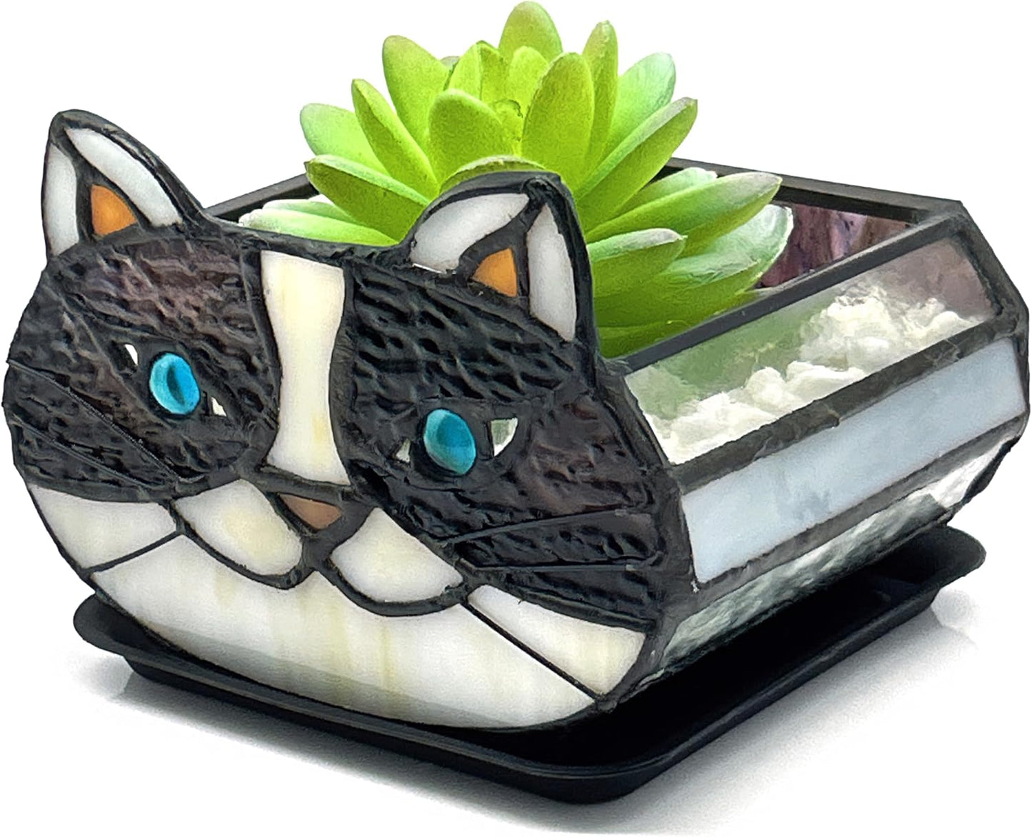 Tiffany Stained Glass Fun Moon Sleeping Cat Planter，Cactus Planter，Cute Planters for Indoor Plants,Decorative Flower Pots As Gifts for Cat Lovers，4.6x3x5.15 in