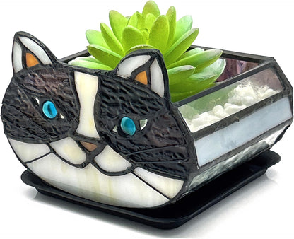 Tiffany Stained Glass Fun Moon Sleeping Cat Planter，Cactus Planter，Cute Planters for Indoor Plants,Decorative Flower Pots As Gifts for Cat Lovers，4.6x3x5.15 in