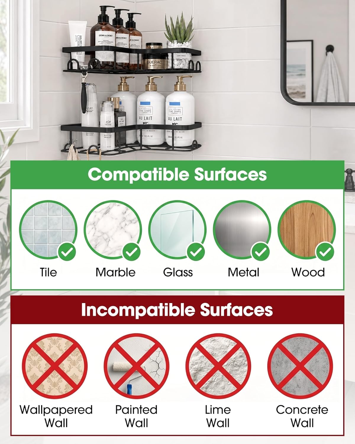 Sakugi Corner Shower Caddy - 2 Pack, Adhesive Shower Organizers, Rustproof Stainless Steel Shower Shelves with 8 Hooks, No Drilling Bathroom Organizers and Storage Racks, Space-Saving, Black, Medium