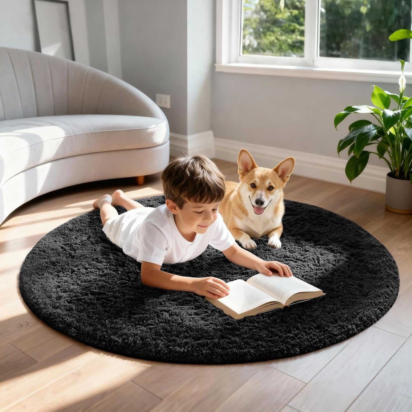 Ophanie Round Rugs 5Ft Ivory Circle Area Rug, Nursery Room Decor, Christmas Aesthetic Bedroom Home Circular Carpet 5 Foot, Fluffy Fuzzy Shag Plush Cream Living Room Rugs for Kids Boys Girls Teen Baby