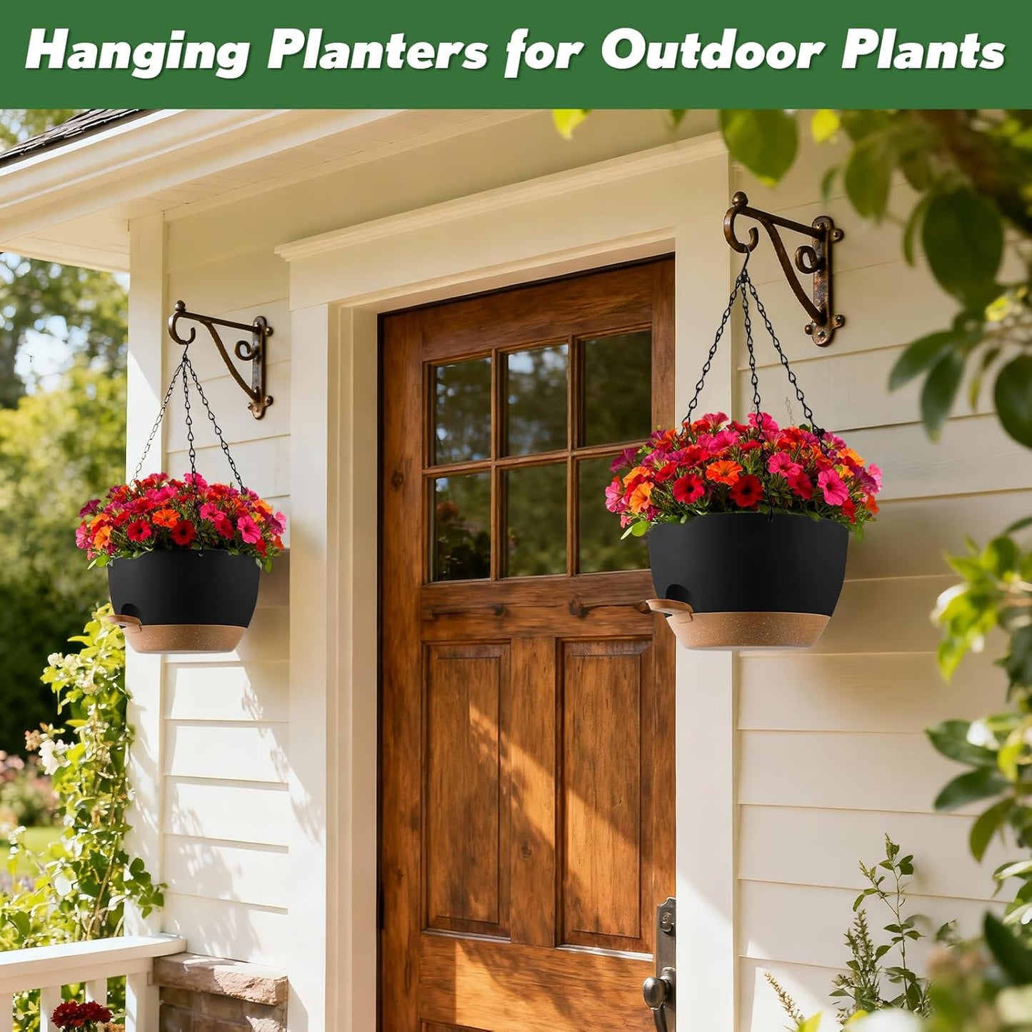 3-Piece Set of 10-Inch Hanging Planters with Automatic Watering System and Drip Tray, Includes Metal Chain, Suitable for Various Indoor and Outdoor Plants and Flowers, Green Brown