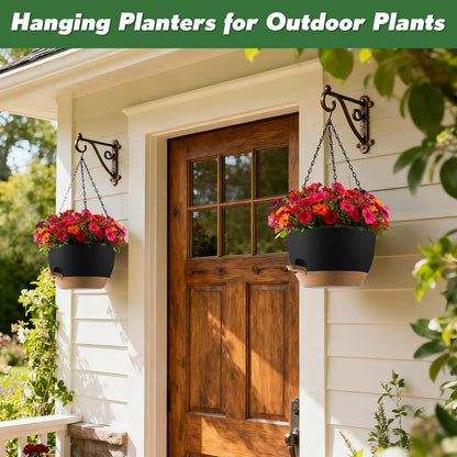3-Piece Set of 10-Inch Hanging Planters with Automatic Watering System and Drip Tray, Includes Metal Chain, Suitable for Various Indoor and Outdoor Plants and Flowers, Green Brown