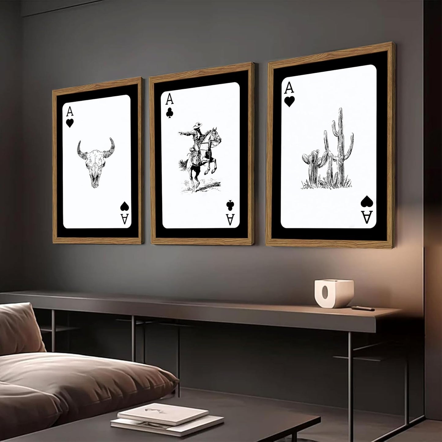 Western Wall Art Set of 3, Southwestern Cowboy Playing Card Wall Decor, Longhorn Bull Skull and How Lucky are We Poster Canvas Painting Prints for Bedroom Living Room 12x16 inch Wood Framed