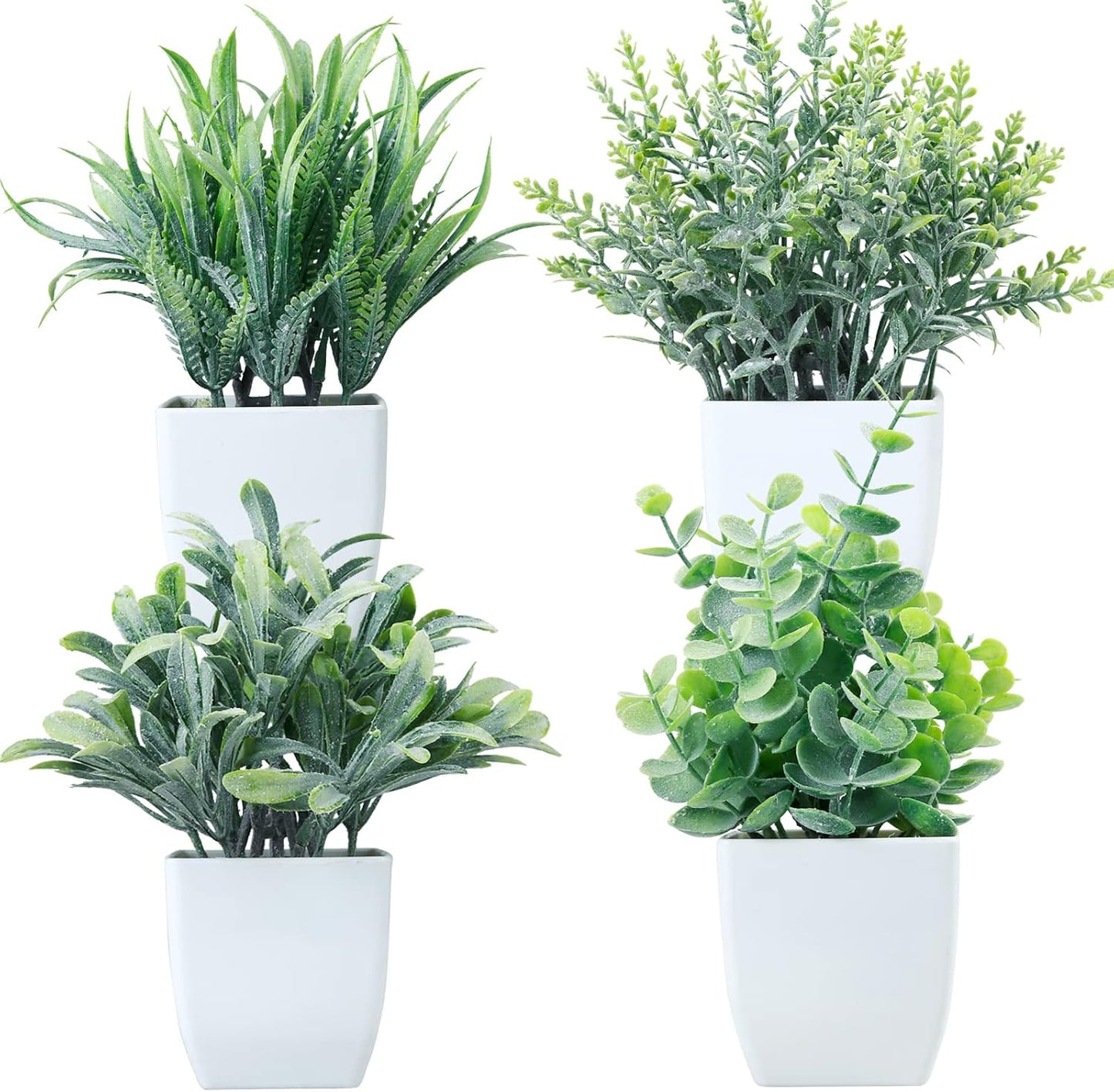 GREENTIME 4 Pack Fake Plants in Black Pot Mini Artificial Eucalyptus Potted Plant Small Faux Grass Greenery Potted for Indoor Home Office Farmhouse Bathroom Table Decoration