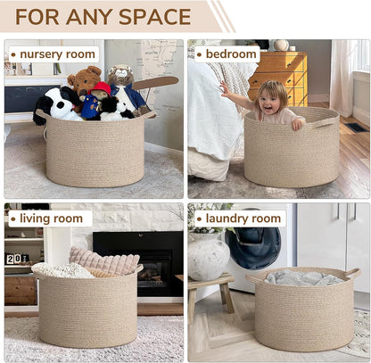 INDRESSME XXXLarge Blanket Basket for Living Room 21.7" x 21.7" x 13.8"-Storage Basket with Handle for Organizing Toy Pillows Woven Cotton Rope Laundry Basket Stuffed Animal Toy Storage for Play Room