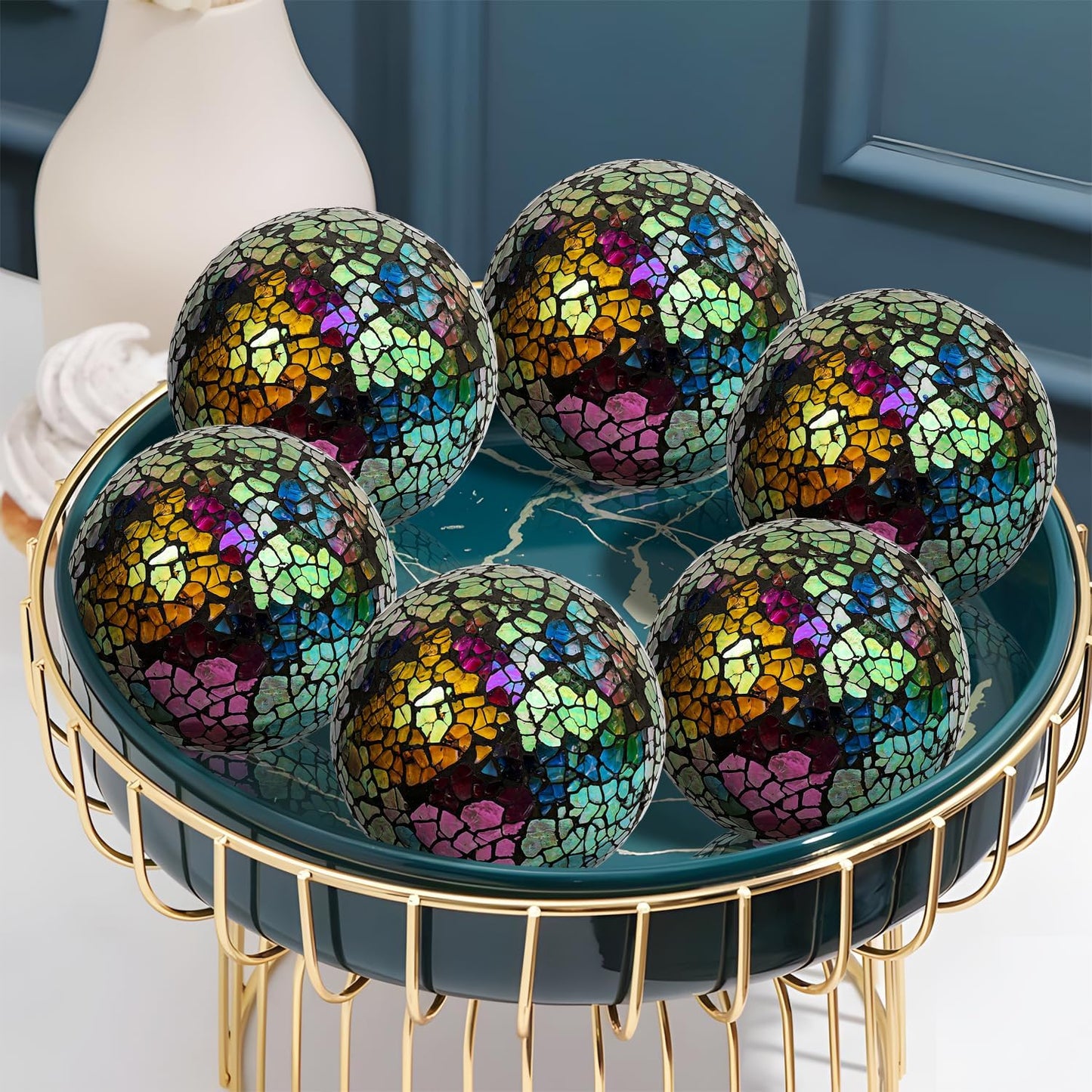 Kesywale 6PCS Decorative Balls Set 2.4 Inches/ 6cm Small Mosaic Spheres Glass Orbs Decorative Balls for Centerpiece Bowls Vases Fillers Dining Coffee Table Wedding Party Decor (Black)