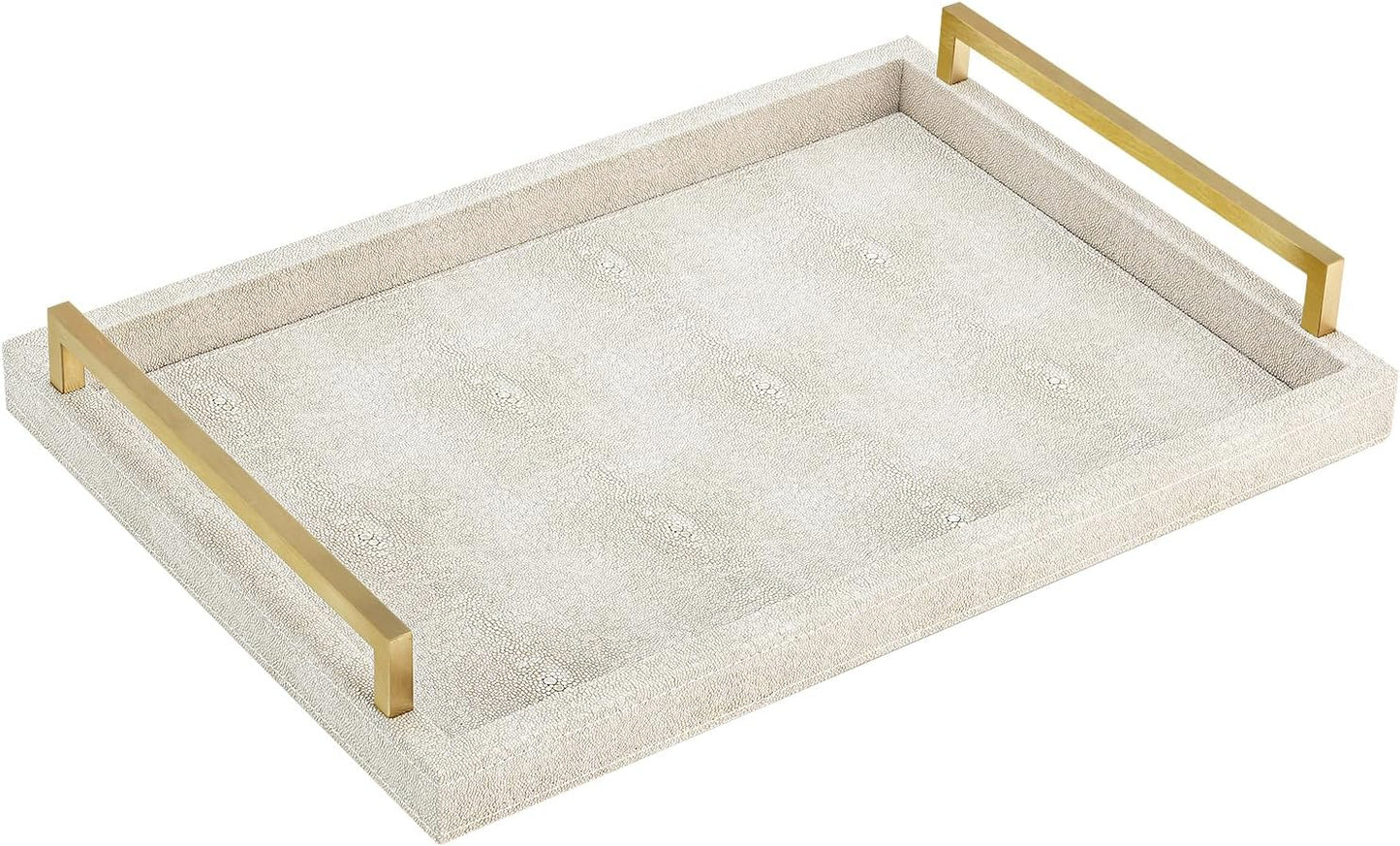 XIGEXIGE Ivory Shagreen Decorative Tray Large Rectangle Coffee Table Tray for Ottoman Faux Leather Serving Tray with Brushed Gold Handles