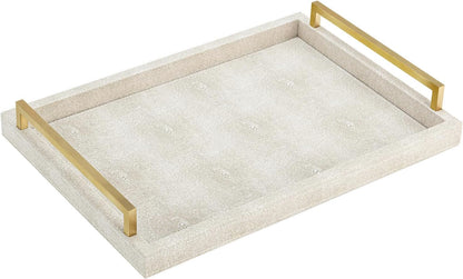 XIGEXIGE Ivory Shagreen Decorative Tray Large Rectangle Coffee Table Tray for Ottoman Faux Leather Serving Tray with Brushed Gold Handles