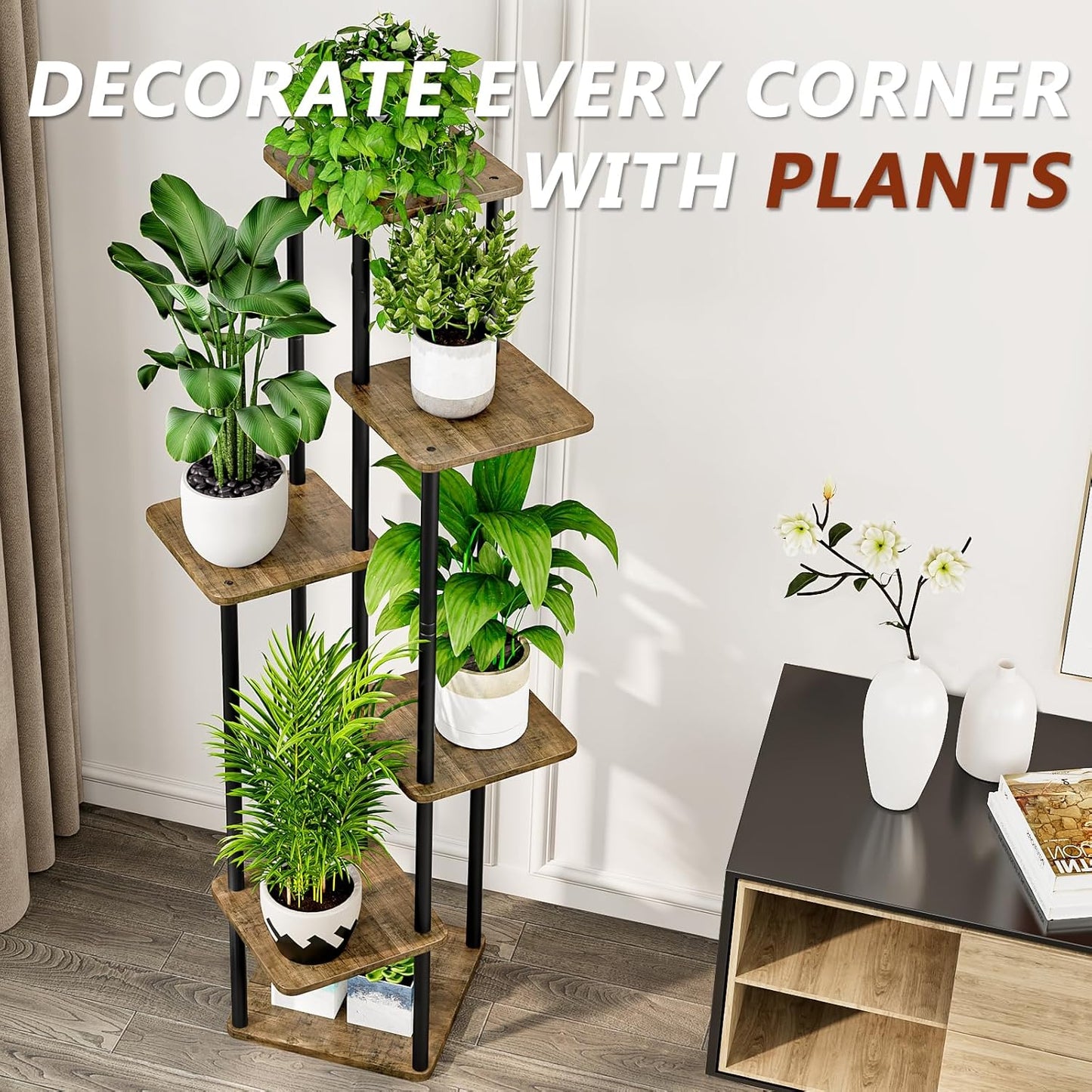 AZERPIAN Plant Stand 5 Tier Indoor Metal Flower Shelf for Multiple Plants Corner Tall Flower Holders for Patio Garden Living Room Balcony Bedroom, Black (5 Tier-Black)