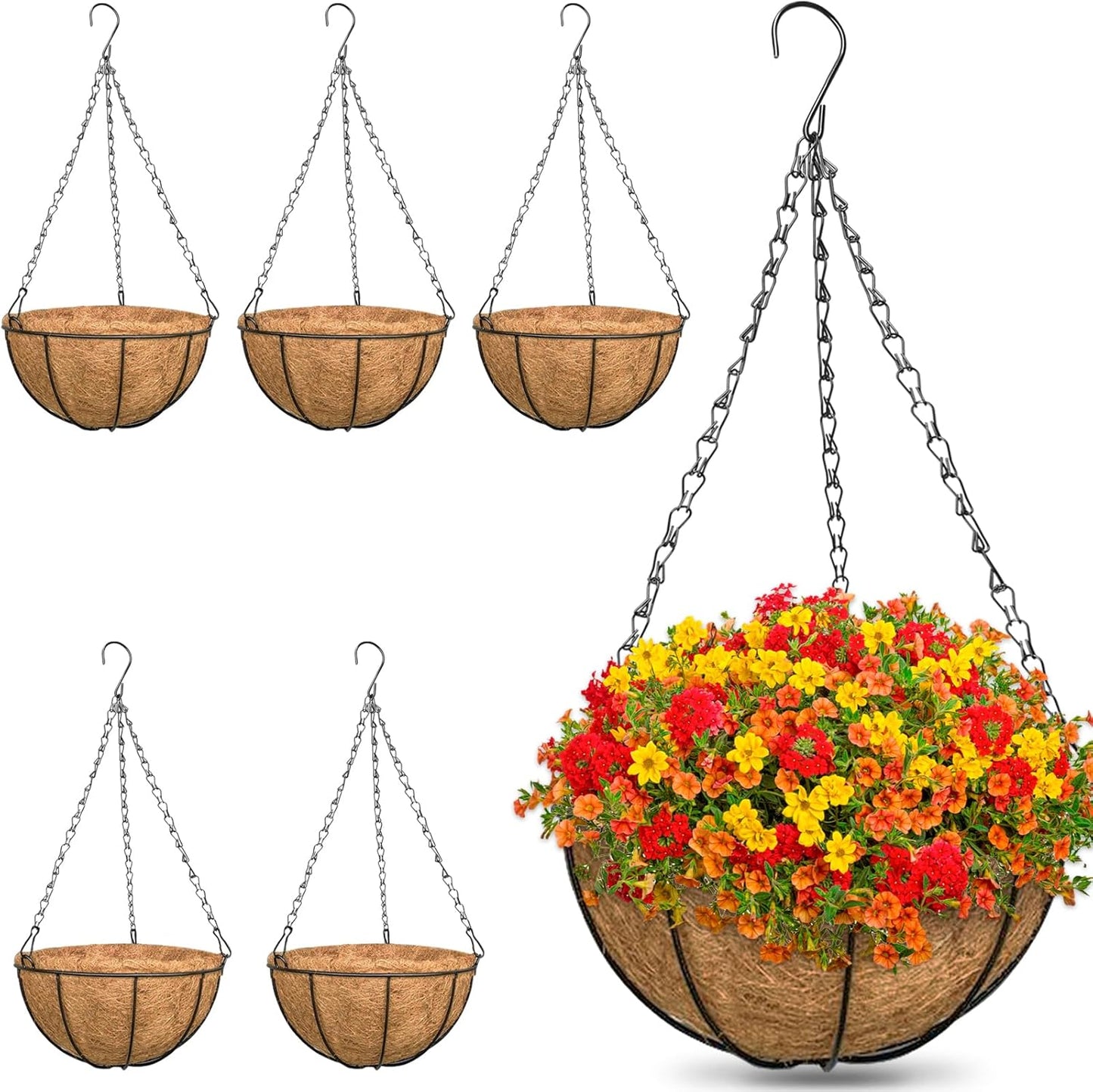 ZeeDix 2 Pack 14 Inch Hanging Baskets for Plants Outdoor, Metal Wire Round Planters with Coco Liner, Hanging Flower Baskets for Home Garden Porch Balcony Railings Decor