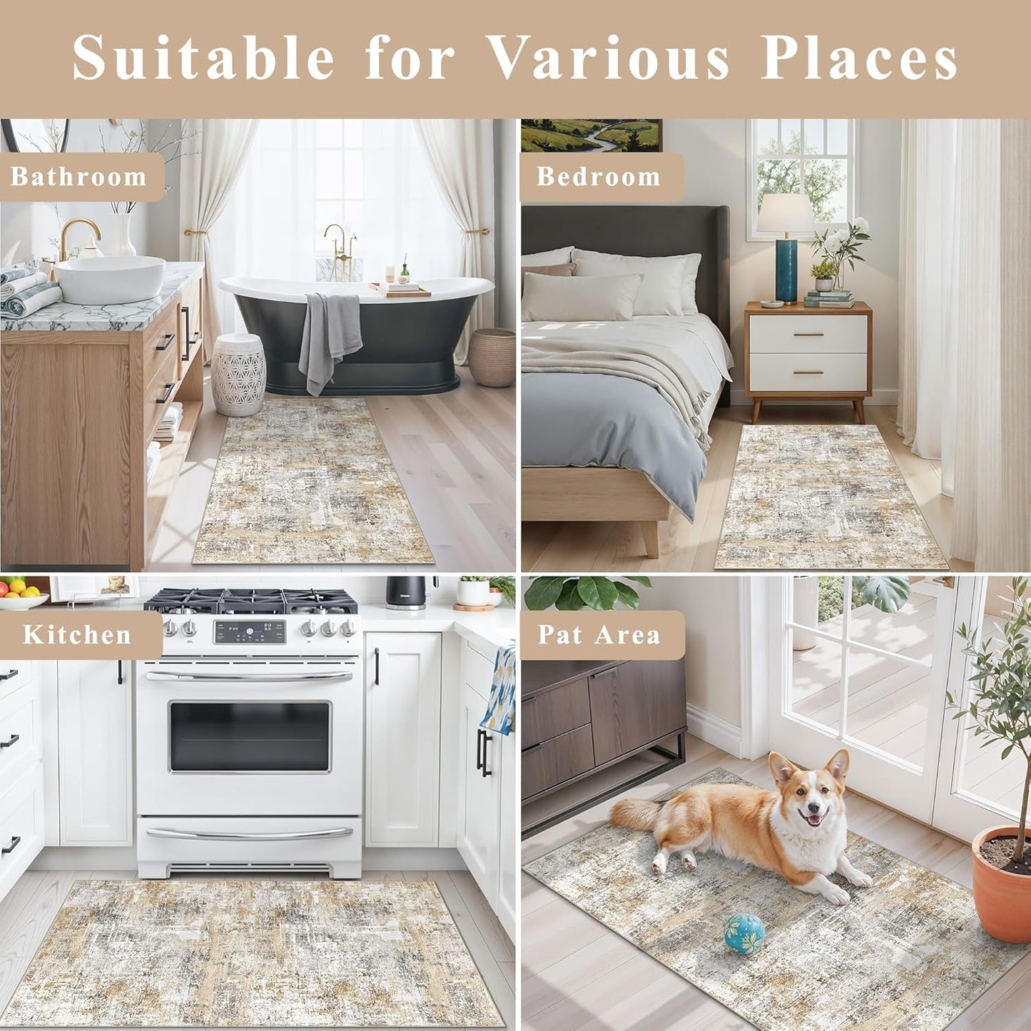 2x3 Washable Non-Slip Area Rug - Soft Low Pile Throw Rug for Kitchen Entryway Bedroom - Modern Indoor Door Mat with Rubber Backing (Beige Grey) - Colors B