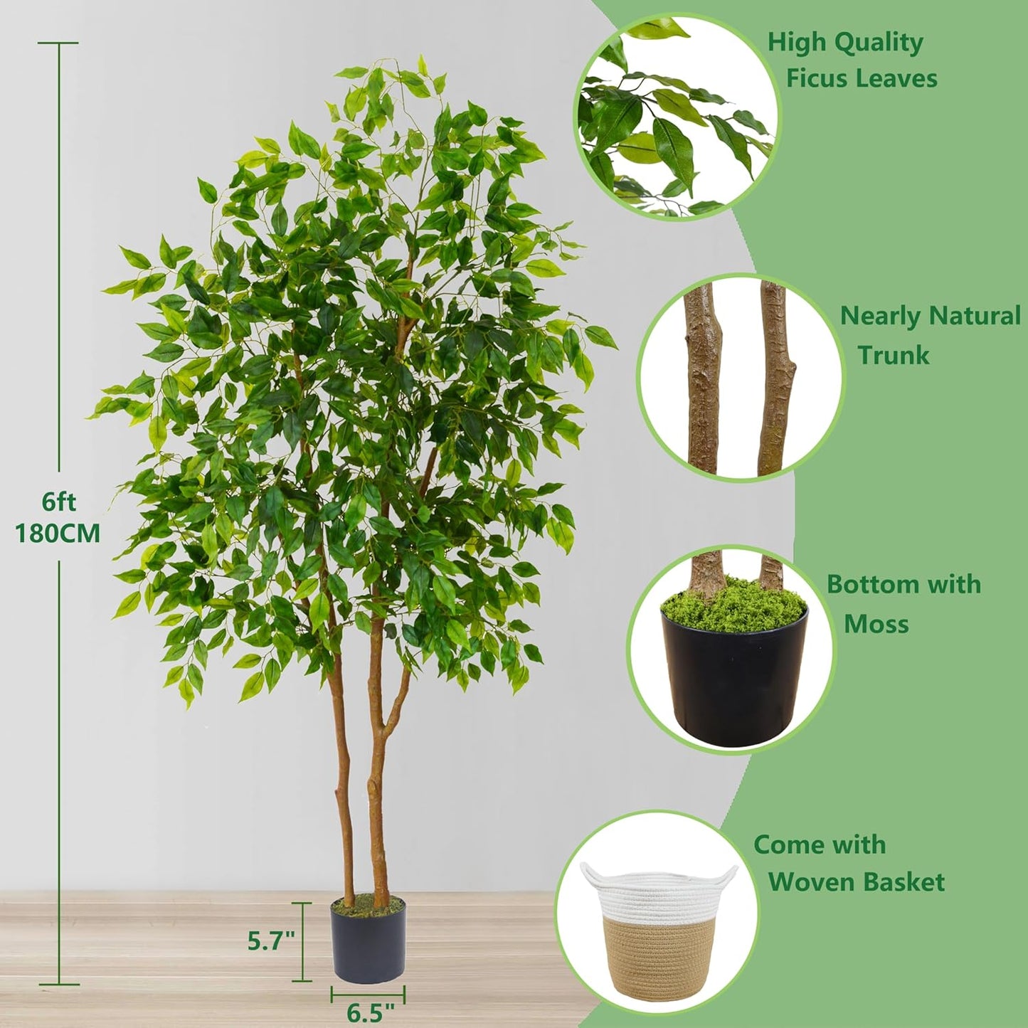 Warmplants Artificial Ficus Tree, 7ft Silk Fake Ficus Leaves Plant with Basket, Indoor Outdoor Faux Green Tree for Home Garden Office House Livingroom Décor
