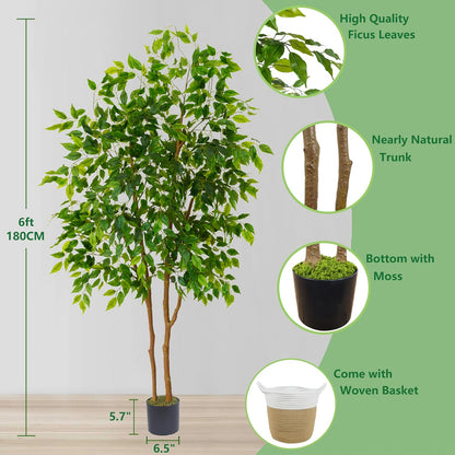 Warmplants Artificial Ficus Tree, 7ft Silk Fake Ficus Leaves Plant with Basket, Indoor Outdoor Faux Green Tree for Home Garden Office House Livingroom Décor