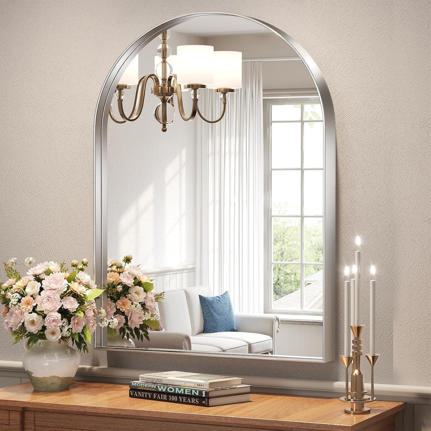 Brightify Arched Mirror, Arched Wall Mirror, 24 x 32 Inch Silver Arch Mirror, Metal Frame Silver Bathroom Mirror, Arched Top Bathroom Vanity Mirror for Living Room Bedroom Mantel Entryway Hallways