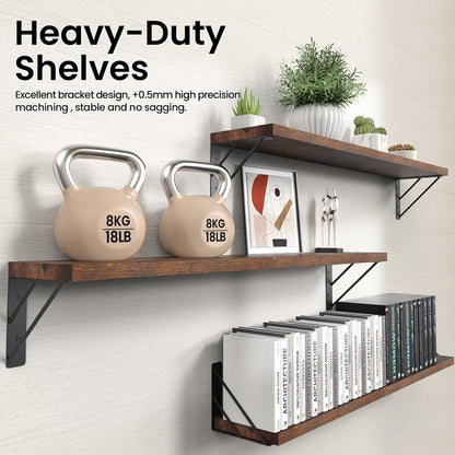 BAYKA Wall Mounted Floating Shelves, Wood Floating Wall Shelf for Books & Decor, Small Space-Saving Display & Organizer（Black，Set of 3）