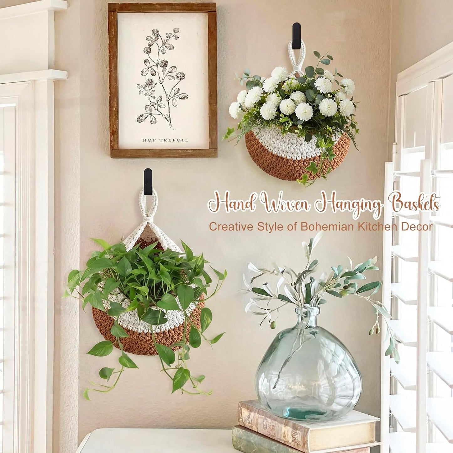 Honeydak Boho Decor Hanging Wall Baskets for Kitchen 3 Pack Teardrop Baskets with Hooks Storage Fruit Onion Vegetable Potato for Home 3 Sizes(Linen,Teardrop,Jute)