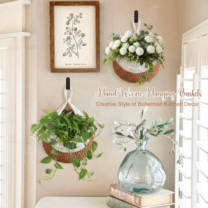 Honeydak Boho Decor Hanging Wall Baskets for Kitchen 3 Pack Teardrop Baskets with Hooks Storage Fruit Onion Vegetable Potato for Home 3 Sizes(Linen,Teardrop,Jute)