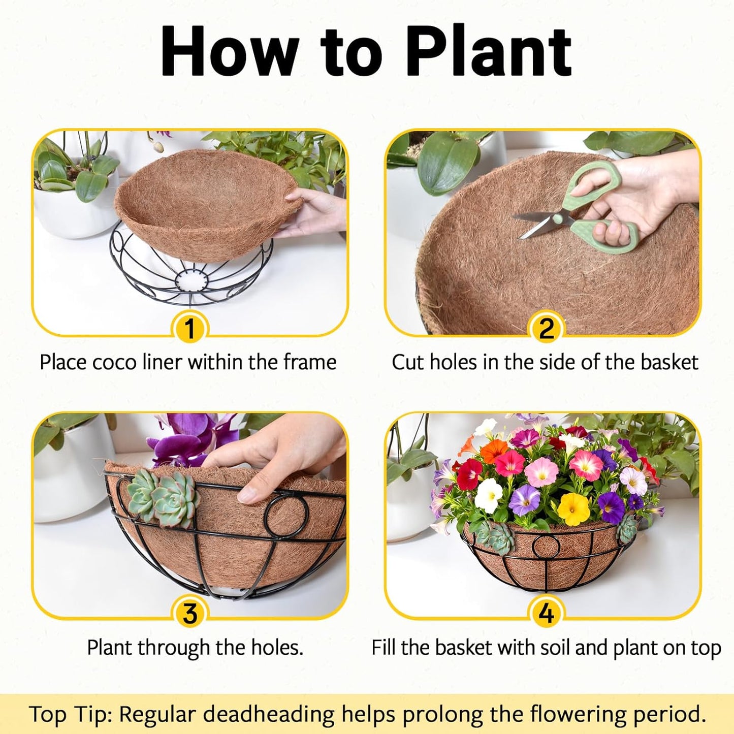 ZeeDix 2 Pack Round Hanging Baskets for Plants Outdoor, 12 Inch Metal Wire Planter Basket with Coco Liner, Hanging Flower Pots for Garden Yard Patio Porch Balcony Decor