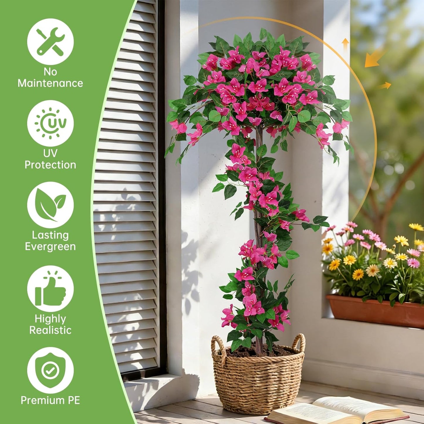 2Pack 4FT Artificial Bougainvillea Topiary Trees for Outdoor, Fake Silk Flowers Plants Bushes with Ground Spike, Faux UV Resistant Shurbs Trees for Outside,Front Porch,Patio,Balcony Decor