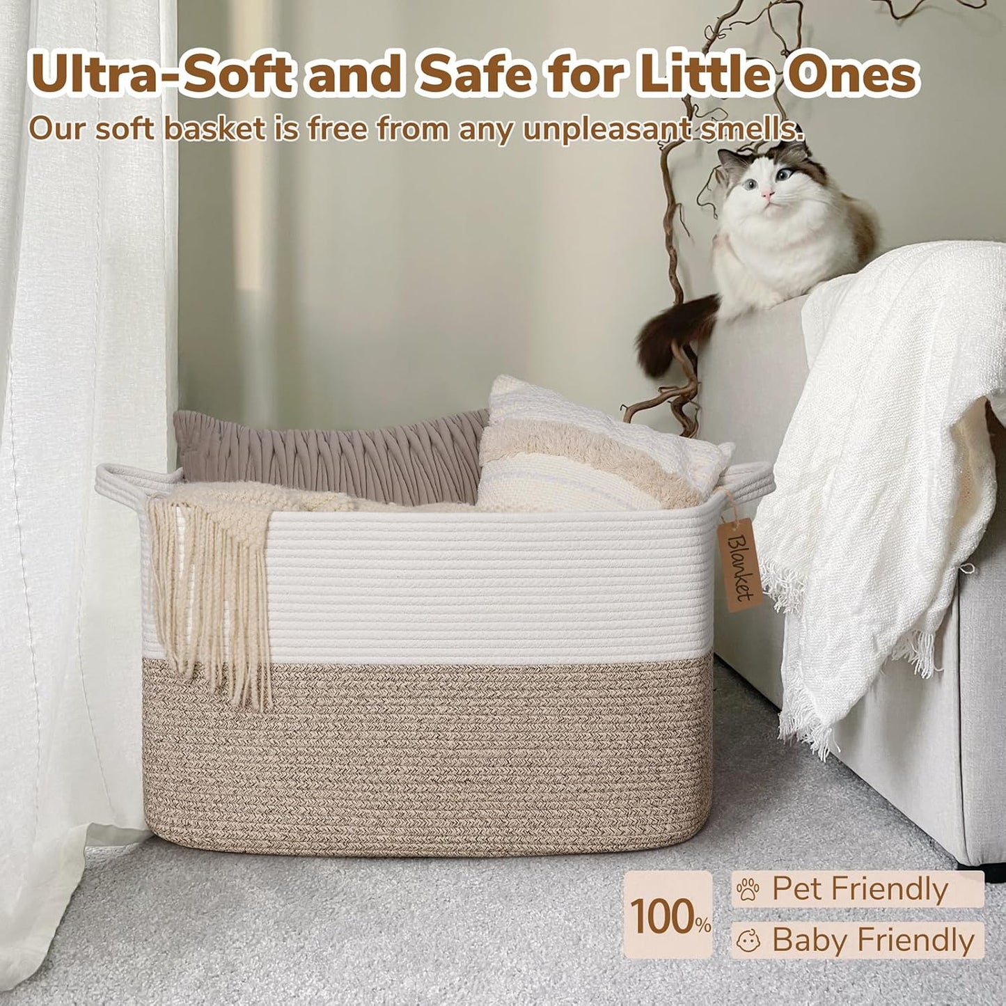 Goodpick Woven Storage Basket, Cotton Rope Basket for Dog Toys, Books, Stylish Gift Basket with Handles, 13 x 10 x 9 Inches Square Baskets for Organizing, Brown and White