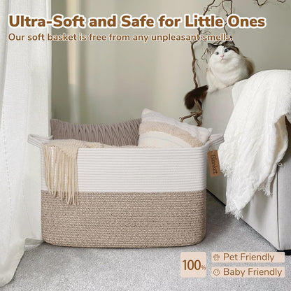 Goodpick Woven Storage Basket, Cotton Rope Basket for Dog Toys, Books, Stylish Gift Basket with Handles, 13 x 10 x 9 Inches Square Baskets for Organizing, Brown and White