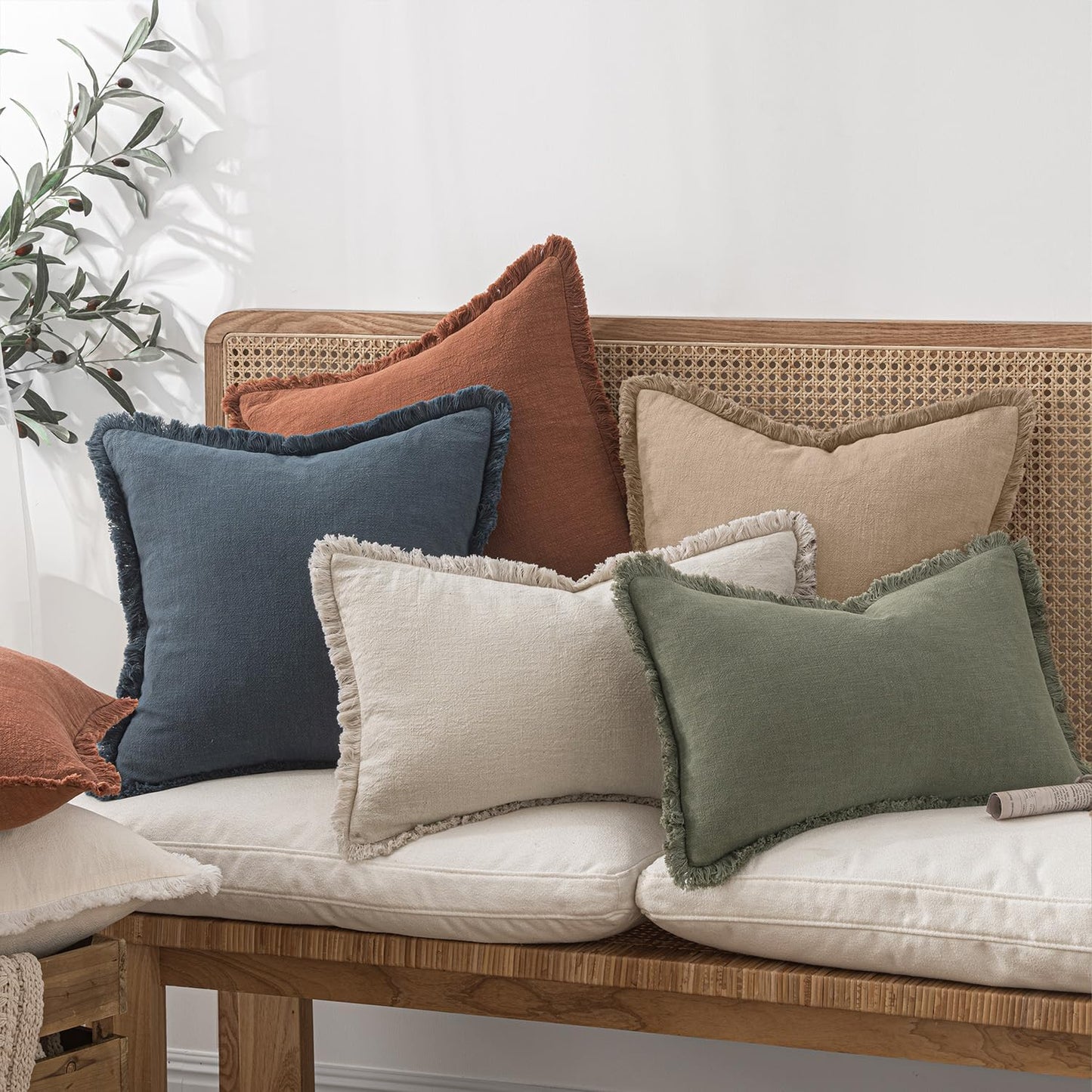 MIULEE Decorative Throw Pillow Covers Neutral Linen Fringe Throw Pillows Set of 2 Natural Beige Boho Farmhouse Cushion Covers with Tassels for Couch Sofa Bed Spring Home Decor 20x20 Inch