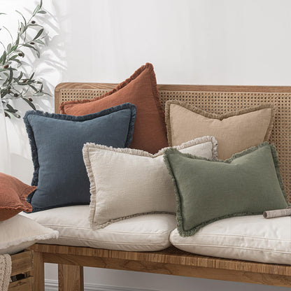 MIULEE Decorative Throw Pillow Covers Neutral Linen Fringe Throw Pillows Set of 2 Natural Beige Boho Farmhouse Cushion Covers with Tassels for Couch Sofa Bed Spring Home Decor 20x20 Inch