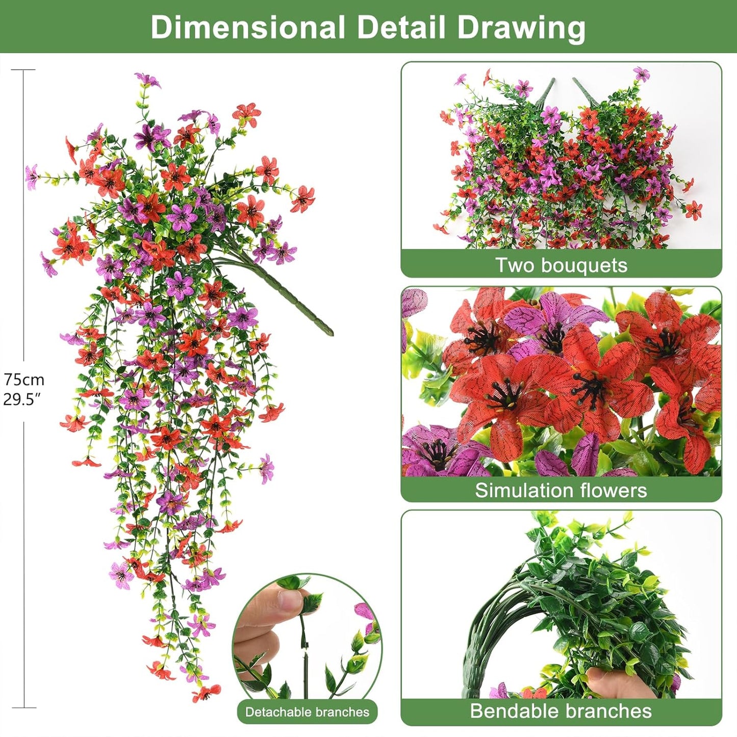 INQCMY Artificial Fake Hanging Flowers Plants for Outdoor Summer Decoration,2 PCS Faux Silk Daisy with Eucalyptus Leaves,UV Resistant Look Real for Outside Home Planter Porch Patio Balcony Yard Decor