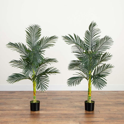 Nearly Natural 6.5ft Artificial Golden Cane Palm Tree, Lifelike Silk Indoor Palm With Three Textured Trunks Flexible Fronds Nursery Planter, Low Maintenance
