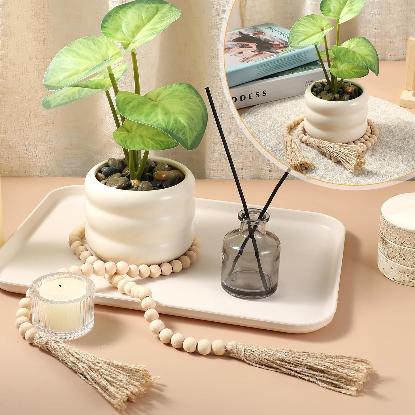 2Pcs 34in Wood Bead Garland with Tassels, Natural Wooden Beads Garland, Boho Decorative Beads Home Decor for Coffee Table, Wall, Shelf, Tray, Vase, Living Room, Bedroom