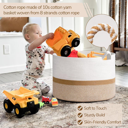 INDRESSME XXXLarge Blanket Basket for Living Room 21.7" x 21.7" x 13.8"-Storage Basket with Handle for Organizing Toy Pillows Woven Cotton Rope Laundry Basket Stuffed Animal Toy Storage for Play Room