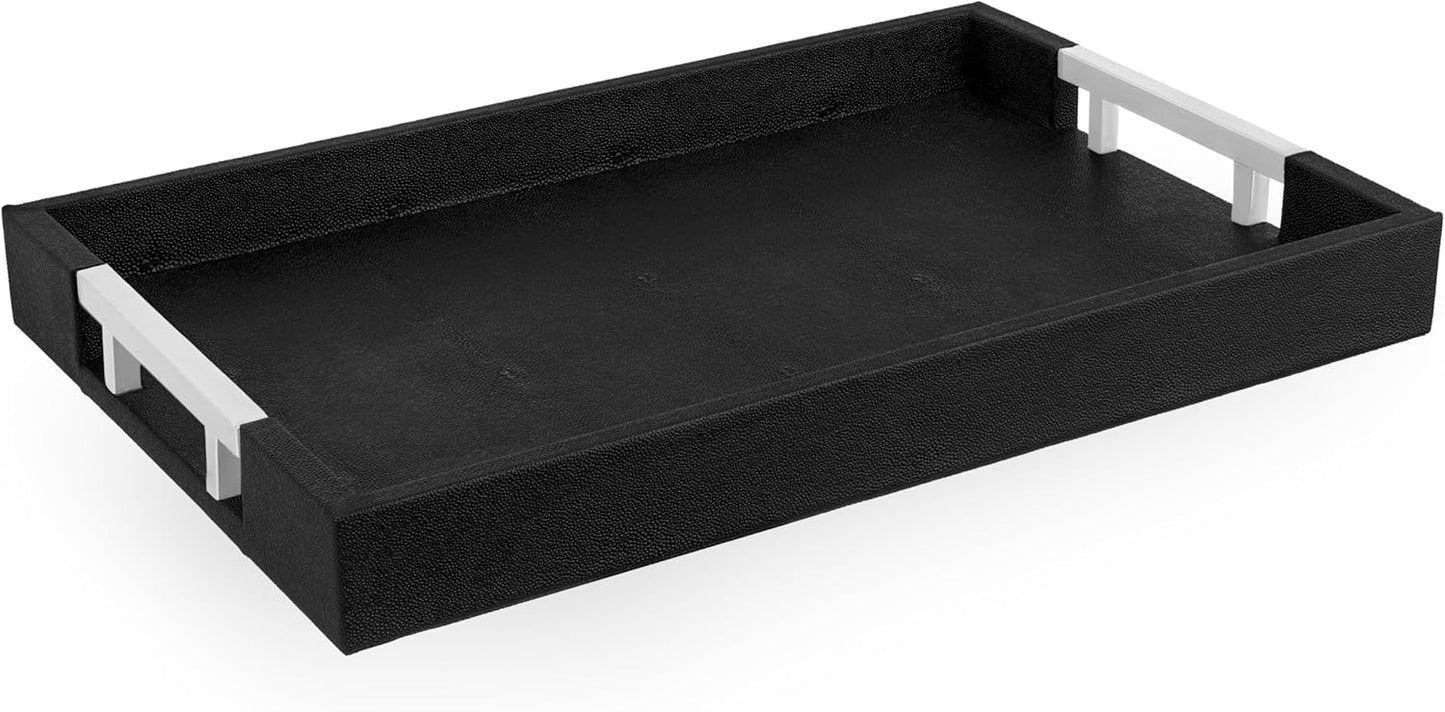 Home Redefined Beautiful Modern Elegant 17.5"x12" Rectangle Classic Black Faux Leather Decorative Tray Ottoman Coffee Table Perfume Living Room Kitchen Serving Tray with Handles for All Occasion's