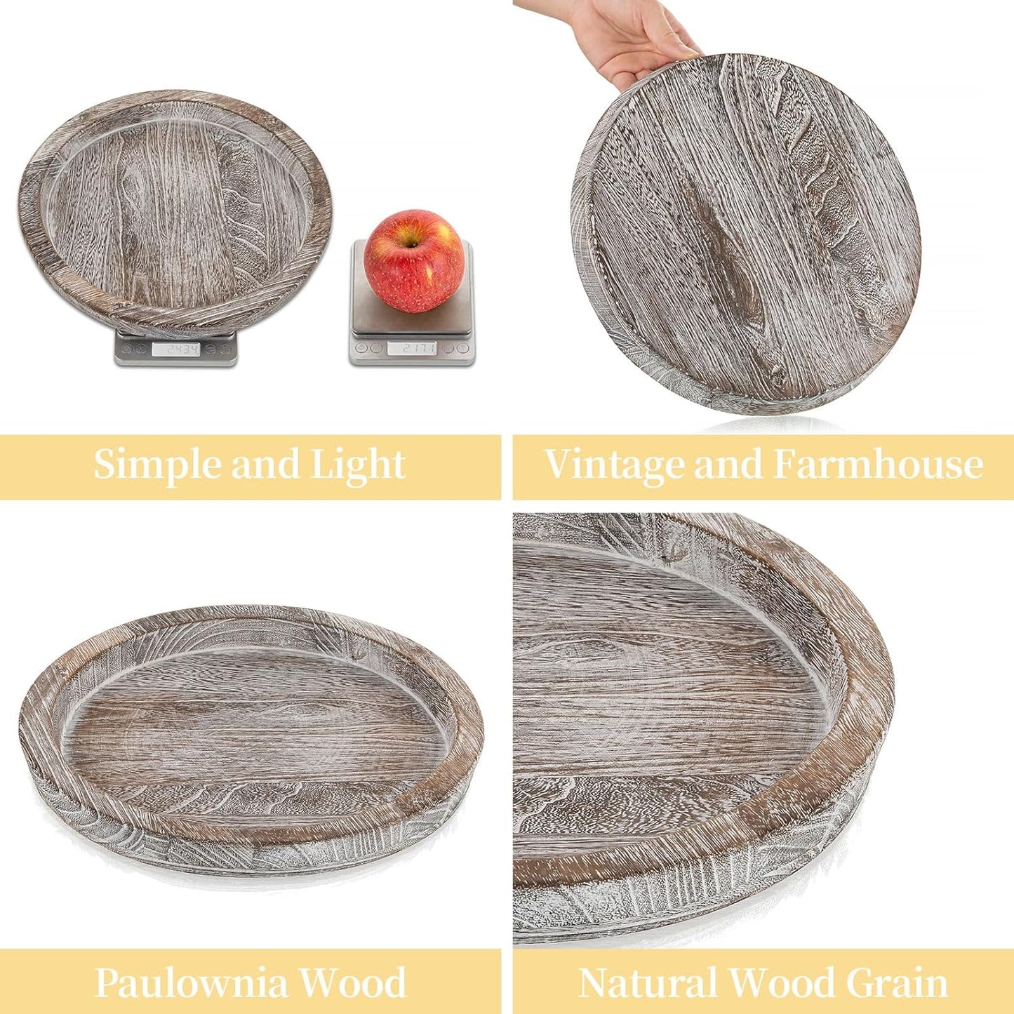 Romadedi Rustic Wooden Tray Candle Holder - Round Wood Decorative Pillar Candle Tray for Coffee Table Farmhouse Kitchen Countertop Organizer Home Decor Wedding Centerpiece, Distressed White