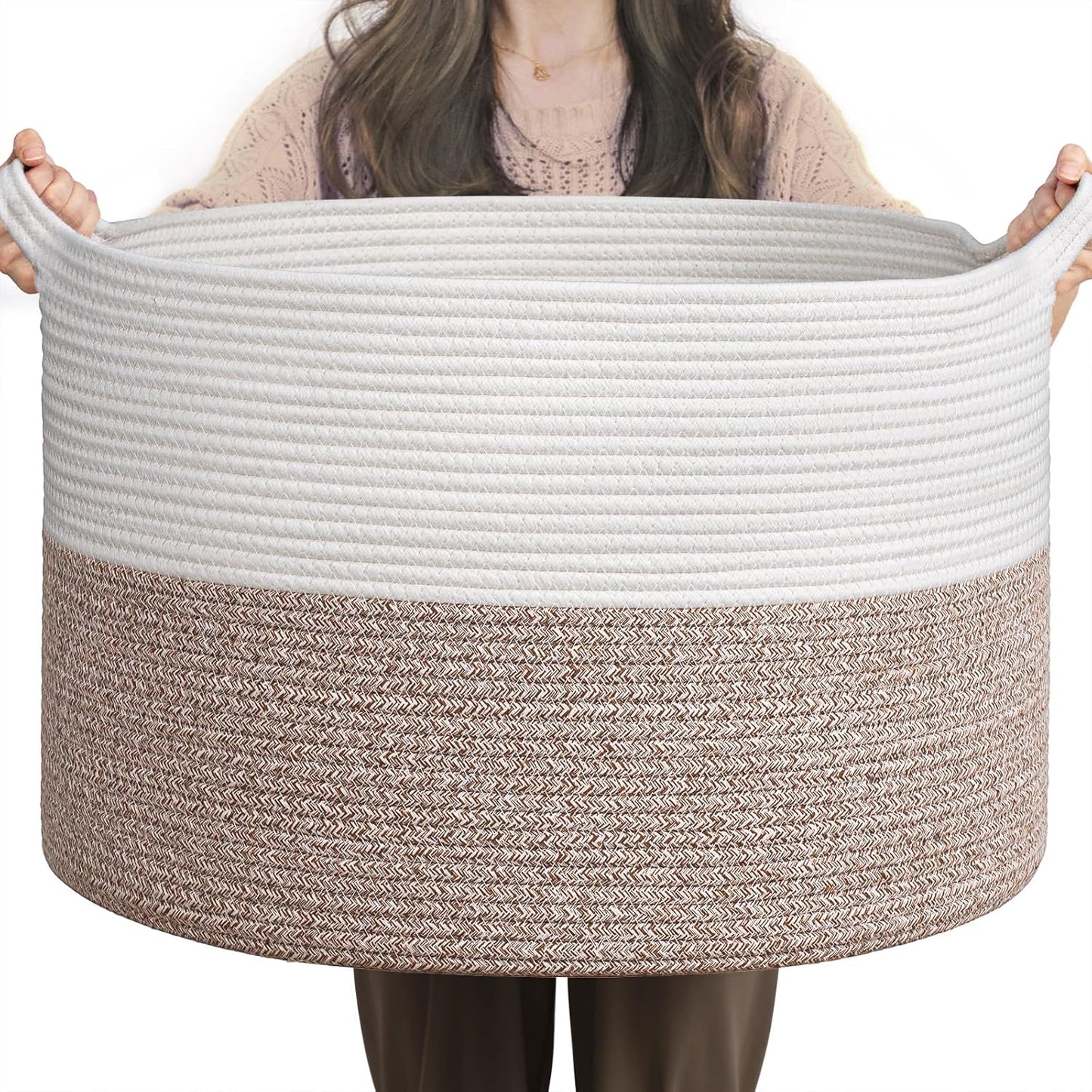 INDRESSME XXXLarge Blanket Basket for Living Room 21.7" x 21.7" x 13.8"-Storage Basket with Handle for Organizing Toy Pillows Woven Cotton Rope Laundry Basket Stuffed Animal Toy Storage for Play Room