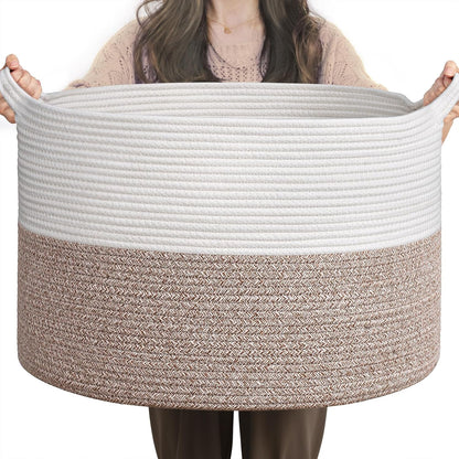 INDRESSME XXXLarge Blanket Basket for Living Room 21.7" x 21.7" x 13.8"-Storage Basket with Handle for Organizing Toy Pillows Woven Cotton Rope Laundry Basket Stuffed Animal Toy Storage for Play Room