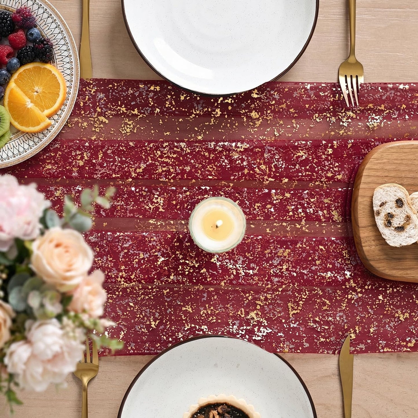 Artoid Mode Beige Gold Gauze Table Runner 120 Inch 10FT, Glitter Metallic Foil Sheer Dining Wedding Anniversary Holiday Birthday Table Decor for Home Party