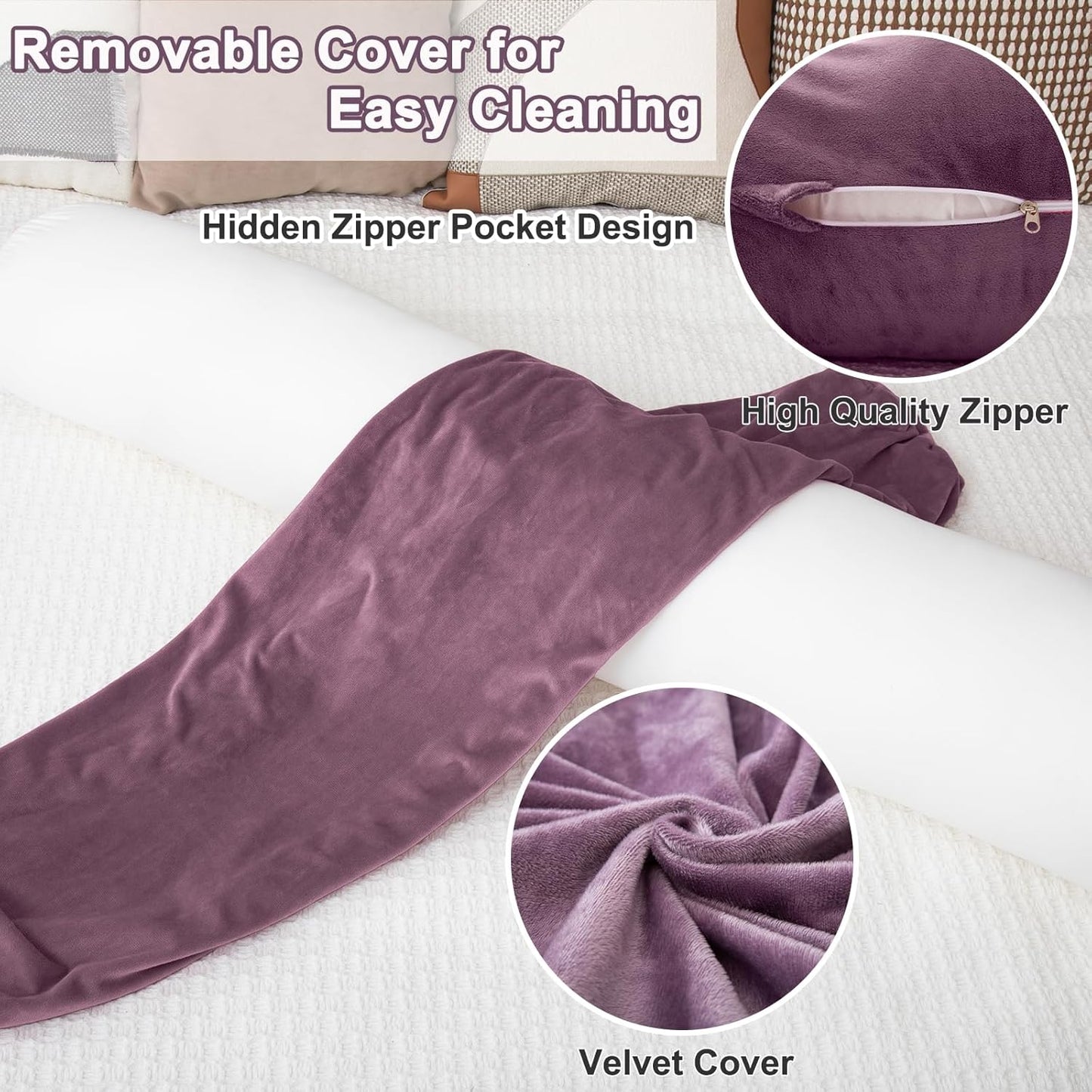 1 MIDDLE ONE Body Pillow for Adults, Bolster Pillow with Removable Velvet Cover, Long Round Cervical Roll Pillow, 47 x 7.87 Inches, Grey