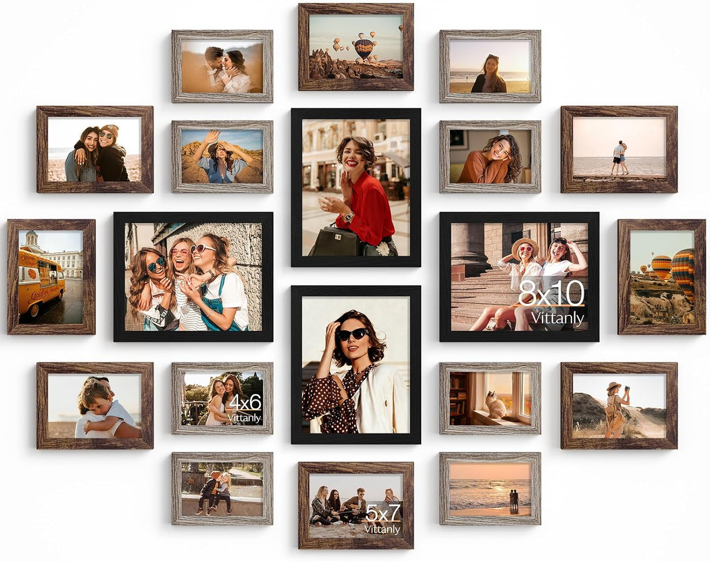 Vittanly 20 Pack Picture Frames Collage Wall Decor, Multi Sizes Including 4pcs 8x10, 8pcs 5x7 and 8pcs 4x6 Photo Frames, Gallery Frame Set for Wall or Tabletop Display, Black, Brown and Dark Grey
