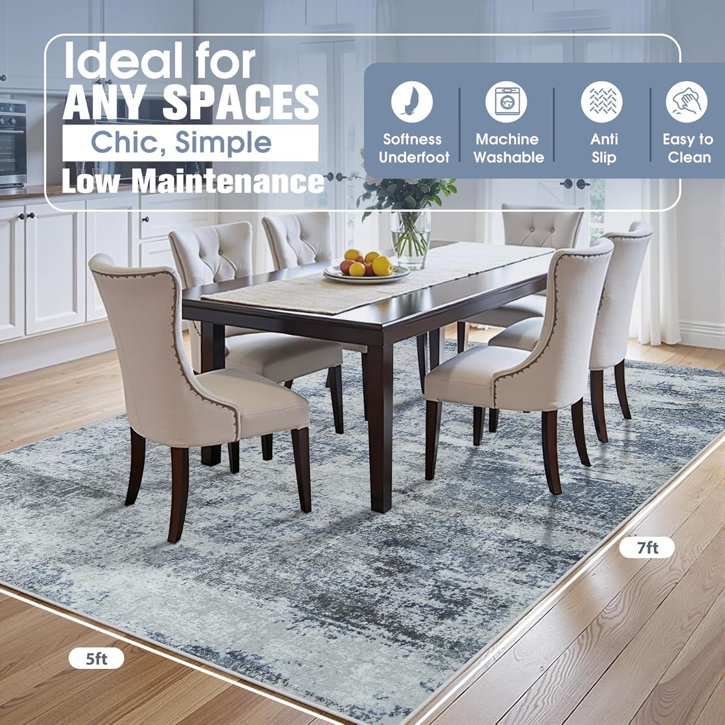 8x10 Area Rugs for Living Room Rug Washable: Abstract Large Rug for Dining Room Bedroom Carpet Non Slip 8 by 10 Indoor Modern Nursery Home Office Blue Grey