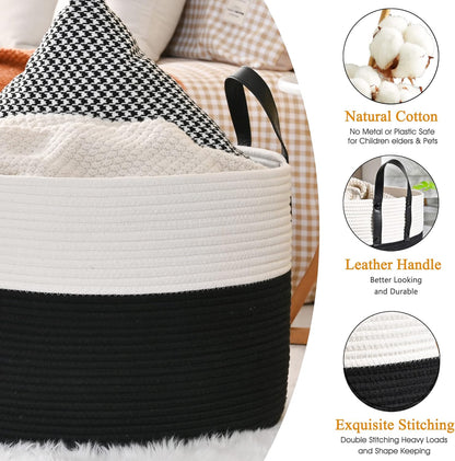 KAKAMAY Large Blanket Basket (20"x13"),Woven Baskets for storage Baby Laundry Hamper, Cotton Rope Blanket Basket for Living Room, Laundry, Nursery, Pillows, Baby Toy chest (White/Brown)