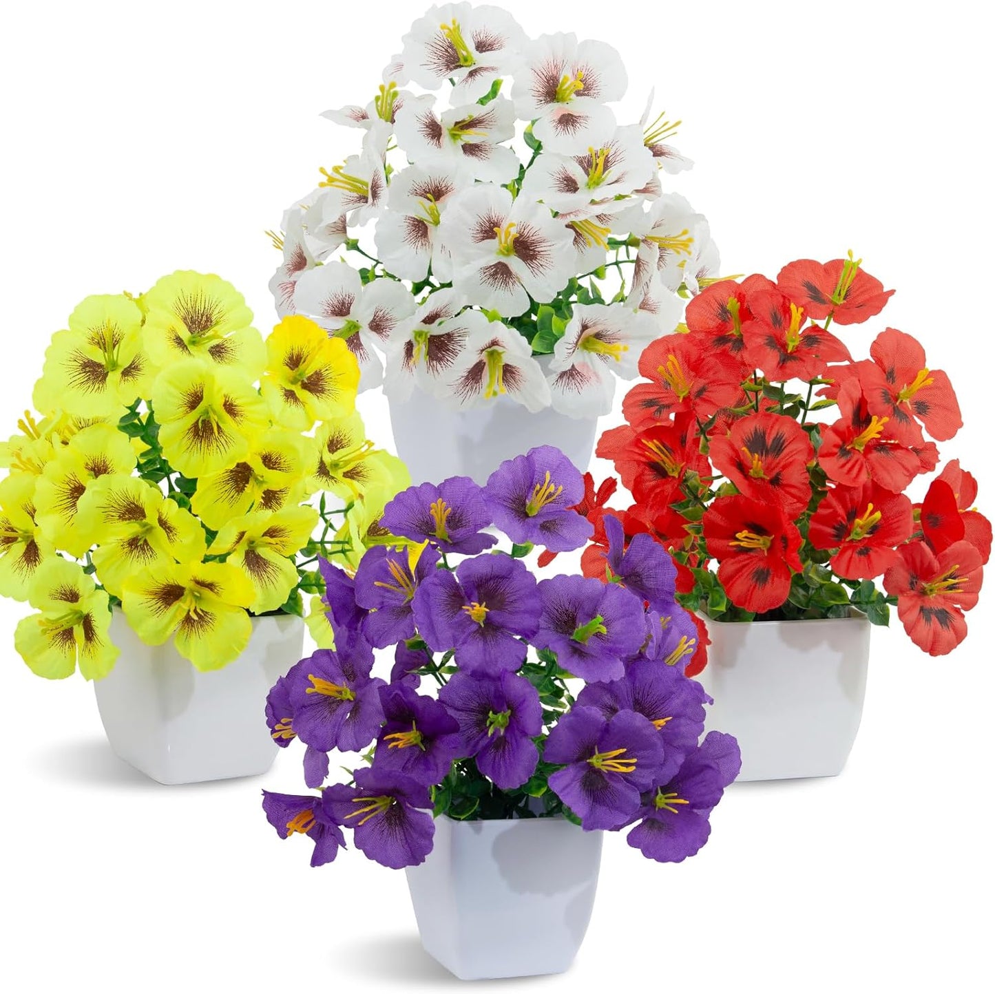 LOYWREE 4 Pack Small Artificial Mums Flowers in White Pots, Fake Mini Potted Plants, Spring Floral Decor for Home Bathroom Shelves Office Desk Table Centerpiece Indoor Decoration