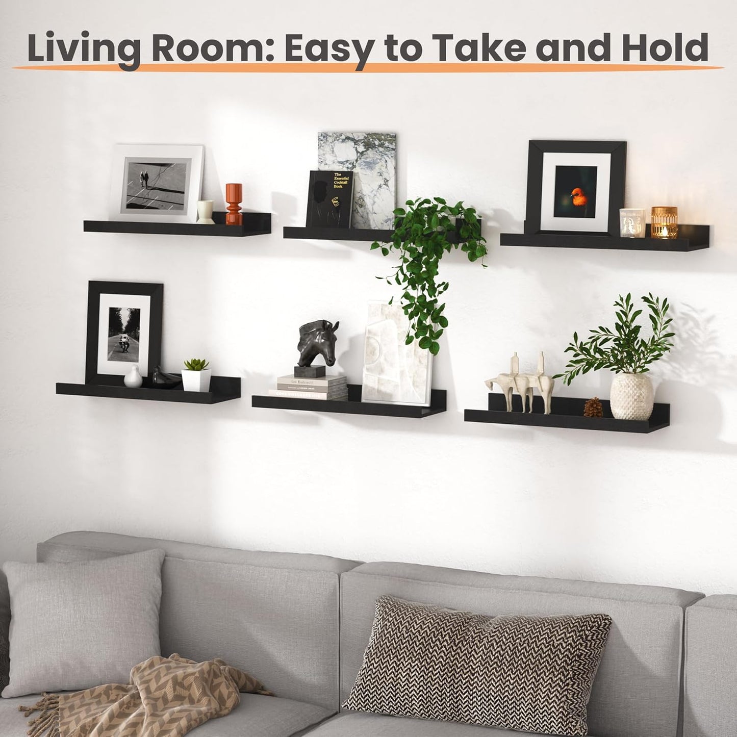 upsimples 6 Pack Wooden Floating Shelves, Wall Storage Decor Shelf for Bathroom, Bedroom, Living Room, Kitchen, Office and Laundry Room, Wall Mounted Display Hanging Shelf, Brown