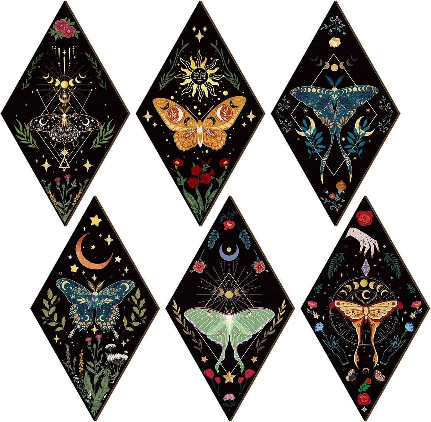 Sintuff 6 Pieces Gothic Wall Decor Boho Sun Moon Phases Wall Art Gothic Minimalist Stars Sun Hanging Wooden Home Decor Farmhouse Pediments for Gallery Living Bedroom Room(Mushroom)