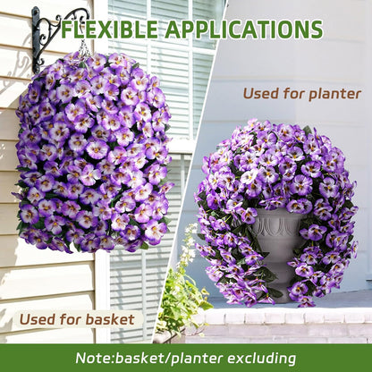 HyeFlora Artificial Flowers for Outdoors, 2pcs Faux Silk Pansies Flowers UV Resistant Fake Hanging Flower Plants for Outside Planters Porch Yard Patio Window Box (Mix Purple)