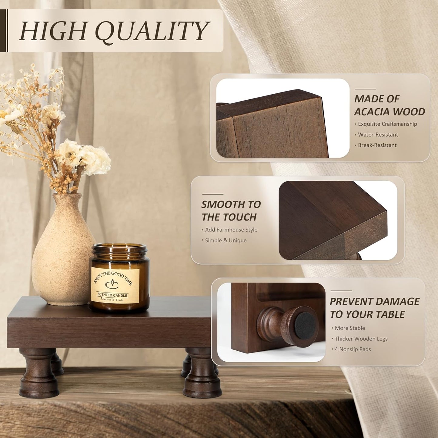 EOSAHR Farmhouse Riser for Room Decor : Decorative Pedestal Stand For Display Your Home Decorations and Uniquely Soap Stand - Rustic Bathroom Counter Tray and Kitchen Decor (Natural Wood)