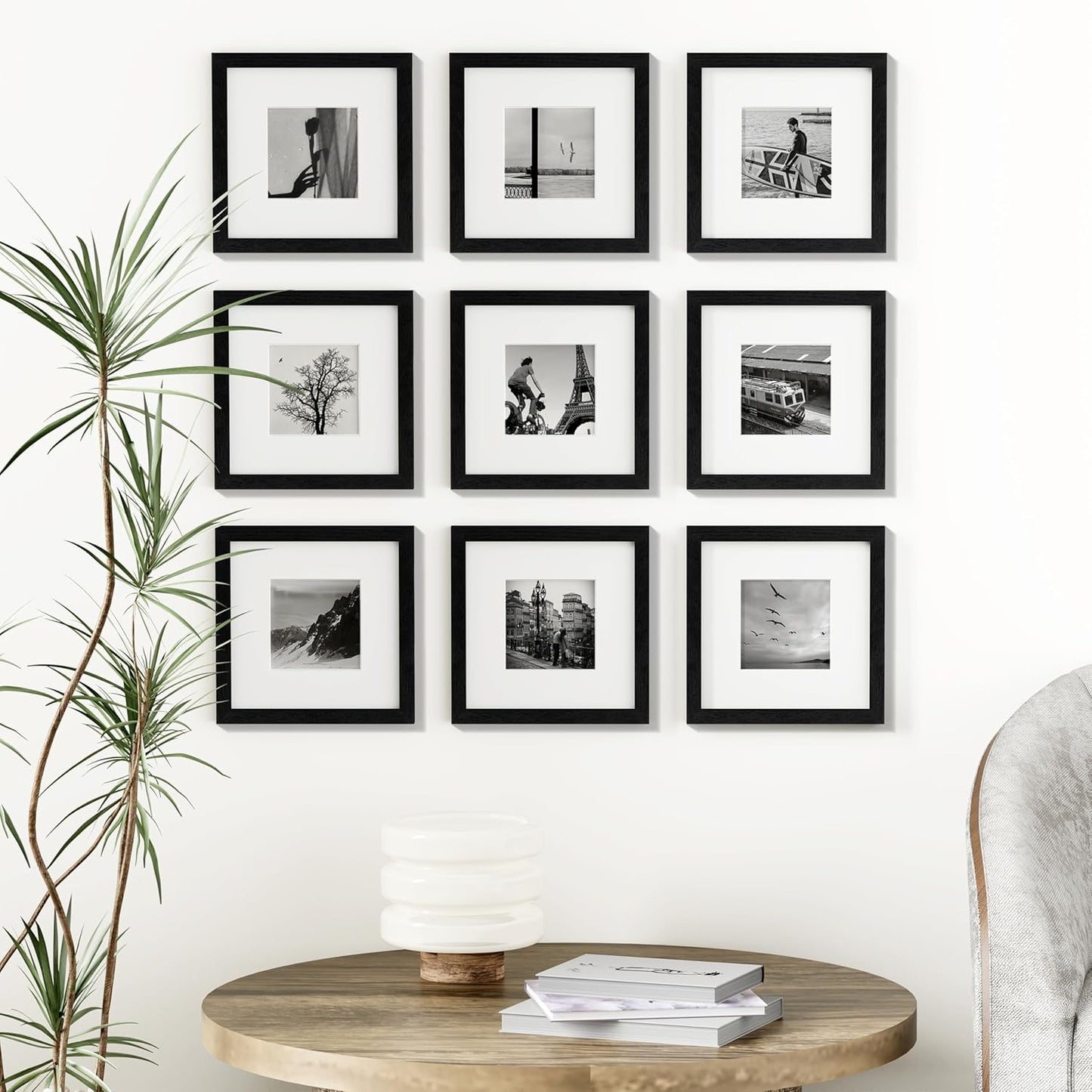 Vittanly 8x10 Picture Frames Set of 9, Shatter Resistant Plexiglass, Display 5x7 Pictures with Mat or 8x10 without Mat, Photo Frames for Wall or Tabletop, Engineered Wood, Black - Colors A