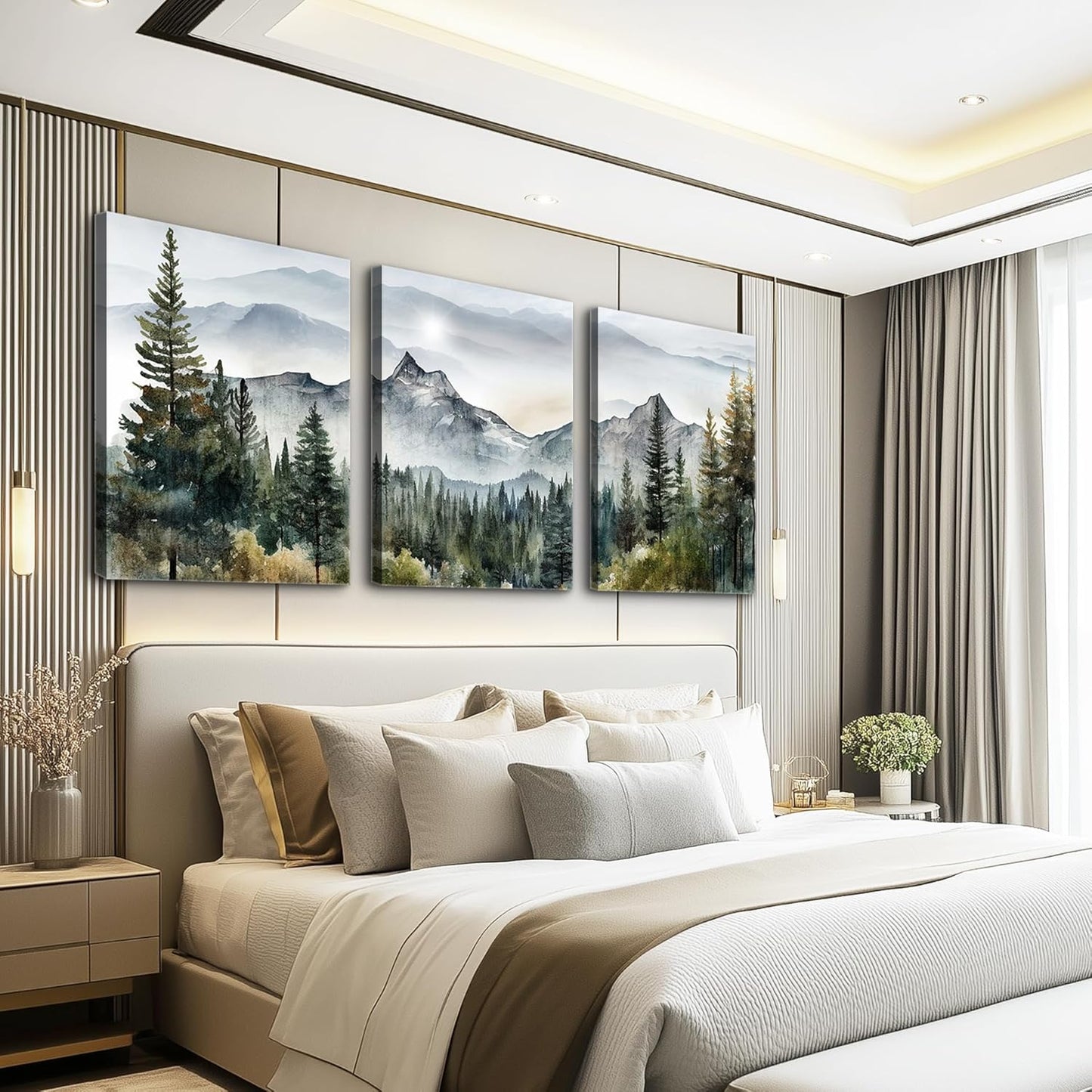 MHARTK66 Wall Art for Living Room Modern Wall Decor for Bedroom Office Decor Abstract Mountain Forest Landscapes Ink Painting 3 Piece Framed Canvas Art Prints Ready to Hang Wall Pictures Home Decor