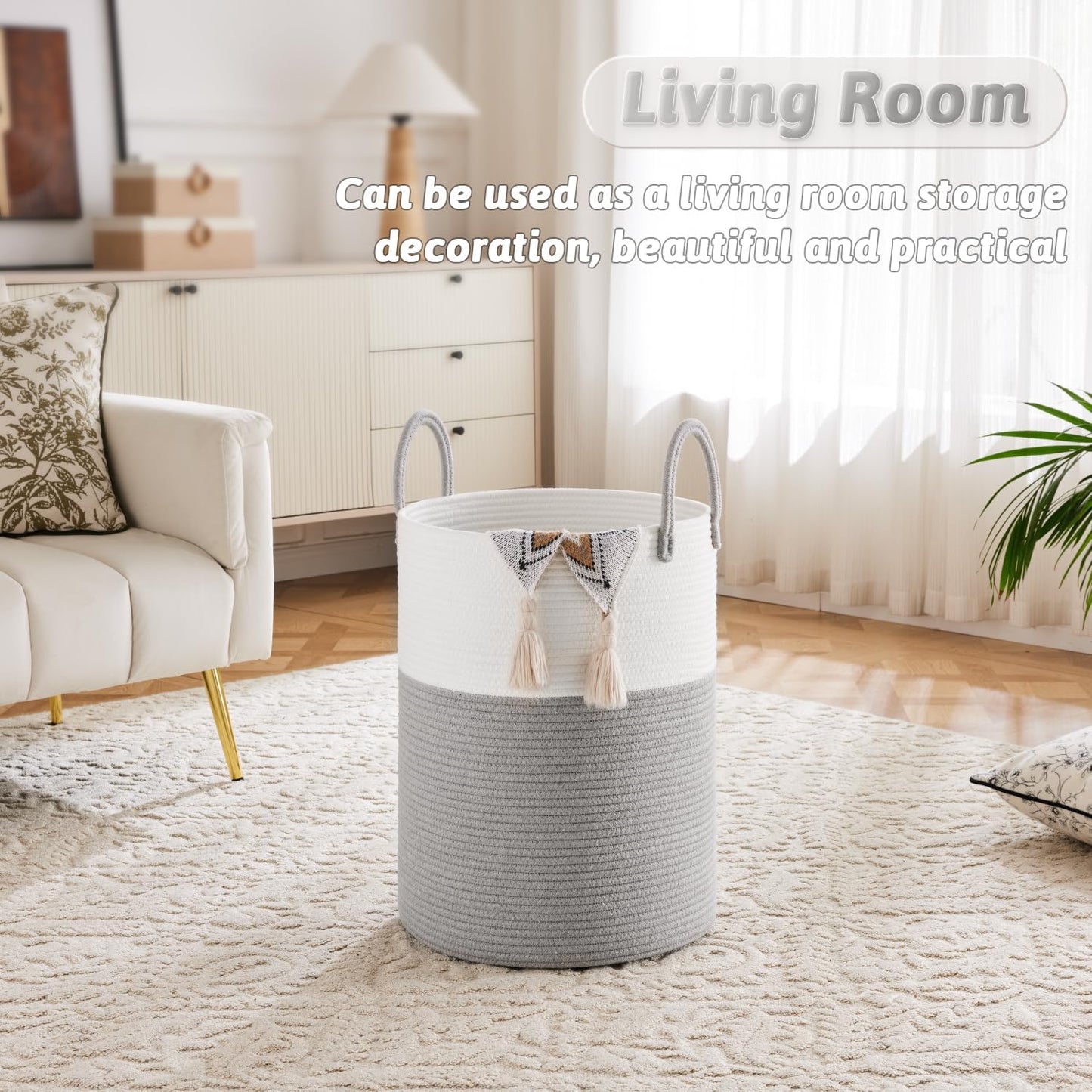 Artfeel Laundry Basket,Woven Cotton Rope Laundry Hamper,60L for Decor Storage of Dirty Clothes,Toys and Blankets in Bathroom,Baby Room and Living Room