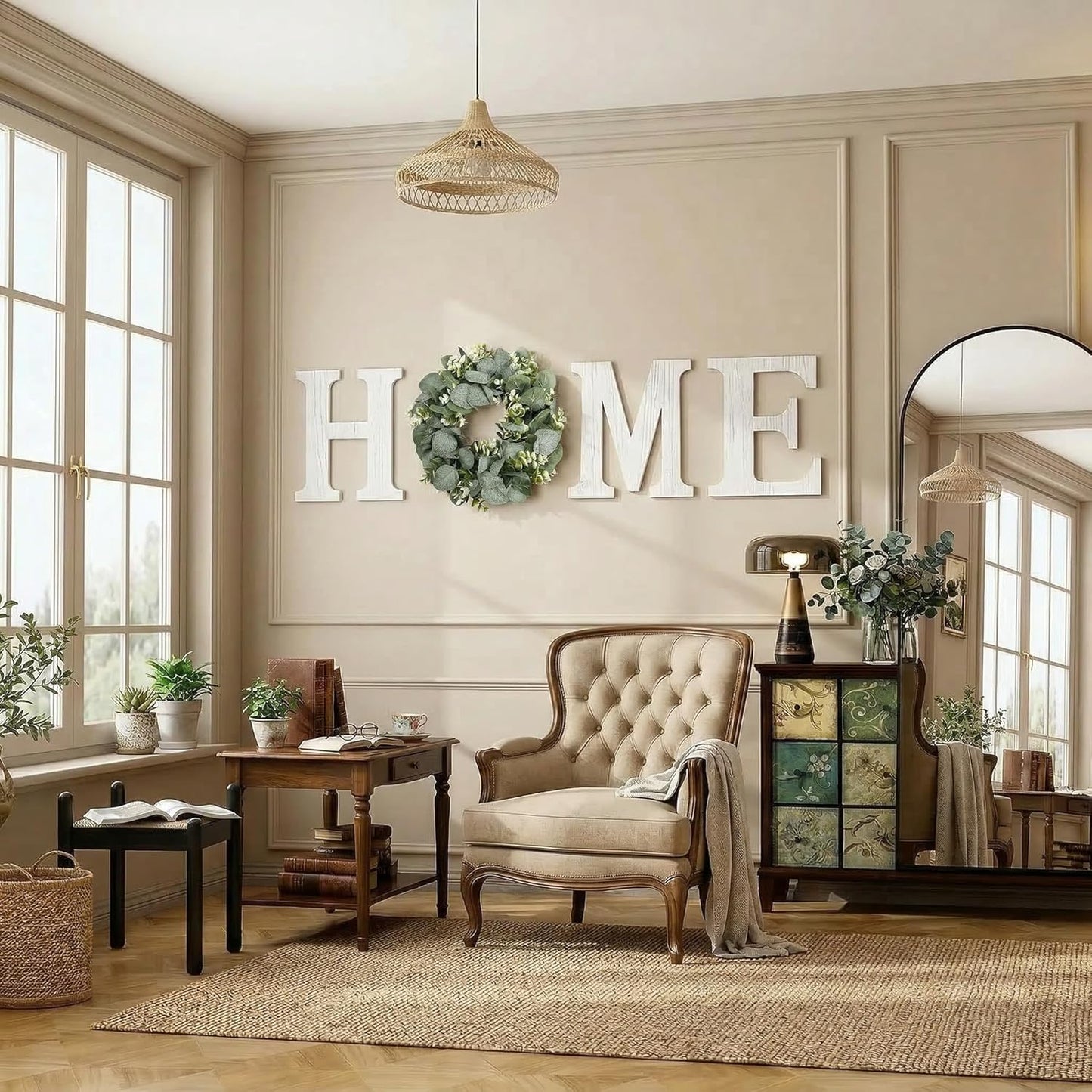Pinkpum Wood Home Sign with Artificial Eucalyptus Wreath for O, Hanging Farmhouse Wall House Decor Wood Letters for Wall Art Rustic Home Decor, Wall Decor for Living Room Kitchen Entryway (Black)